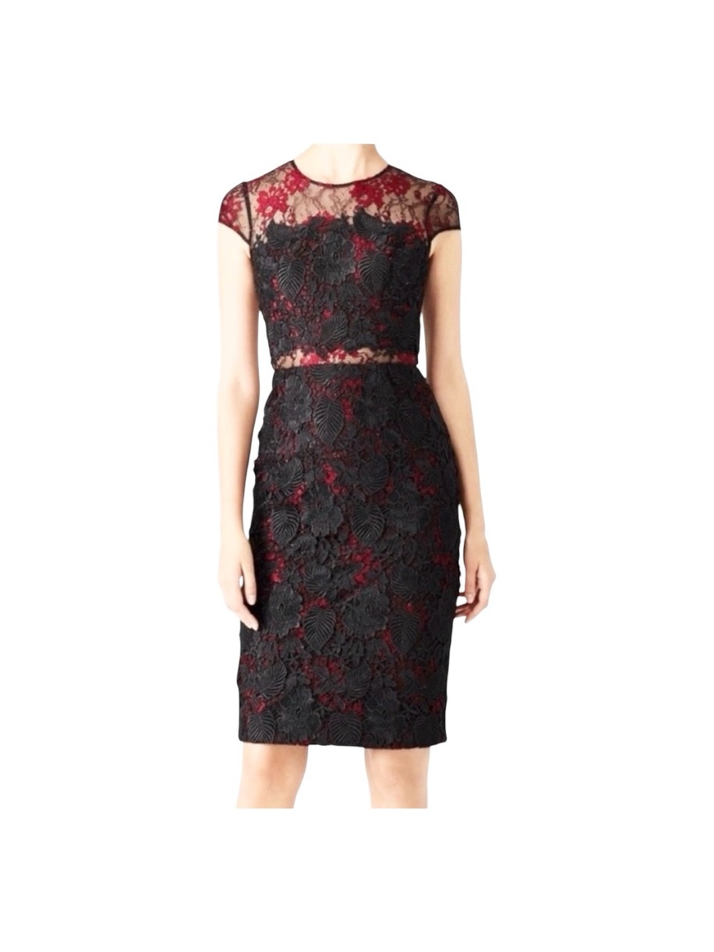 Monique Lhullier  Black Burgundy Lace Cap Sleeves Formal Midi Dress 14